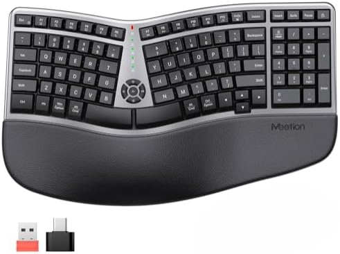 MEETION Director BT Mini Ergonomic Single Wireless Keyboard, Ergo Keyboard , Split Arch Keyboard with Cushioned Wrist Palm Rest, Natural Typing, Windows/Mac/Computer/Laptop
