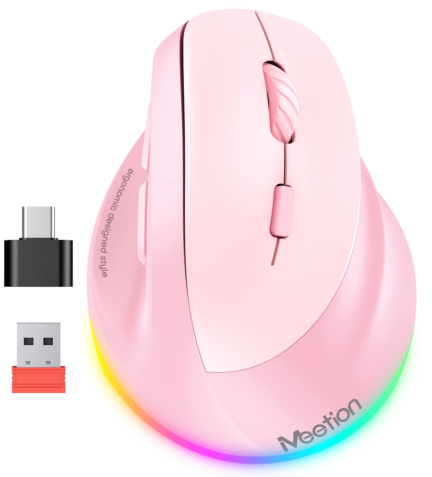 MEETION Right-handed BTM010R Ergonomic Mouse, Wireless Vertical Mouse RGB Backlit Rechargeable Mice for Bluetooth(5.2 + 3.0) & USB-A with USB-C Adapter 4 Adjustable DPI for Mac/Windows/Android/PC/Tablet/iPad MEETION Right-handed BTM010R Ergonomic Mouse, Wireless Vertical Mouse RGB Backlit Rechargeable Mice for Bluetooth(5.2 + 3.0) & USB-A with USB-C Adapter 4 Adjustable DPI for Mac/Windows/Android/PC/Tablet/iPad
