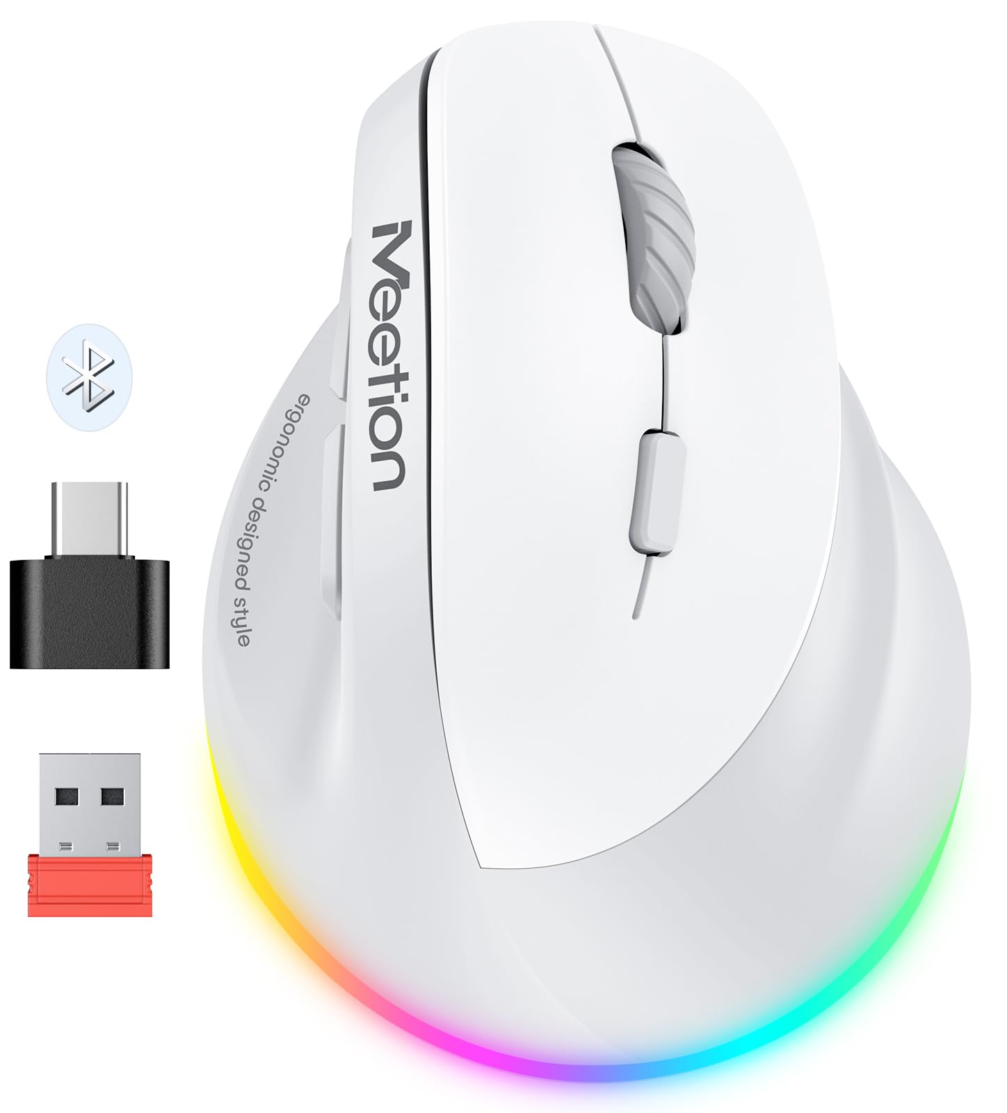 MEETION Right-handed BTM010R Ergonomic Mouse, Wireless Vertical Mouse RGB Backlit Rechargeable Mice for Bluetooth(5.2 + 3.0) & USB-A with USB-C Adapter 4 Adjustable DPI for Mac/Windows/Android/PC/Tablet/iPad MEETION Right-handed BTM010R Ergonomic Mouse, Wireless Vertical Mouse RGB Backlit Rechargeable Mice for Bluetooth(5.2 + 3.0) & USB-A with USB-C Adapter 4 Adjustable DPI for Mac/Windows/Android/PC/Tablet/iPad