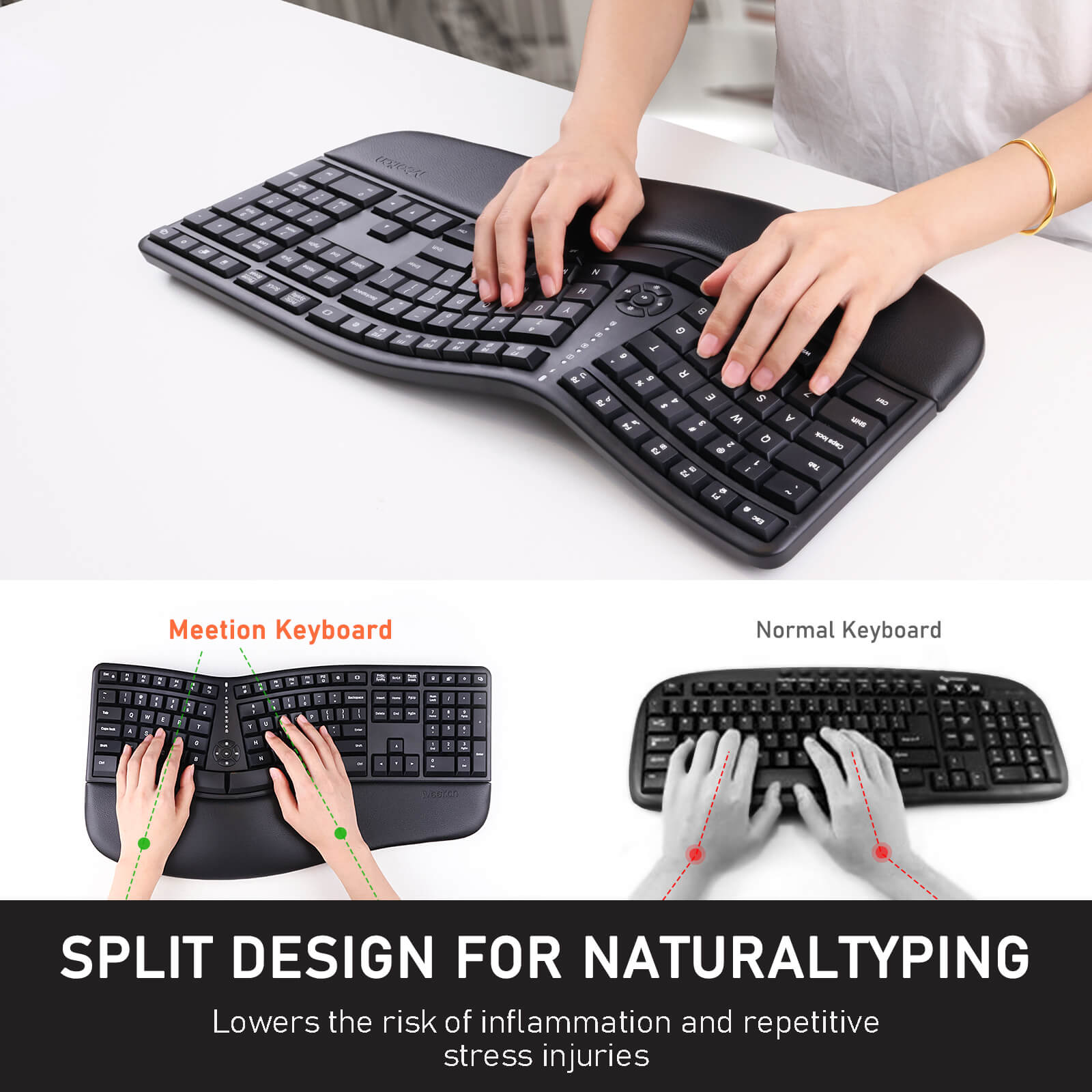 MEETION DirectorC Ergonomische kabellose Tastatur und Maus, Ergo-Tastatur mit vertikaler Maus, Split-Arch-Tastatur mit gepolsterter Handballenauflage, natürliches Tippen, wiederaufladbar, volle Größe, Windows/Mac/Computer/Laptop