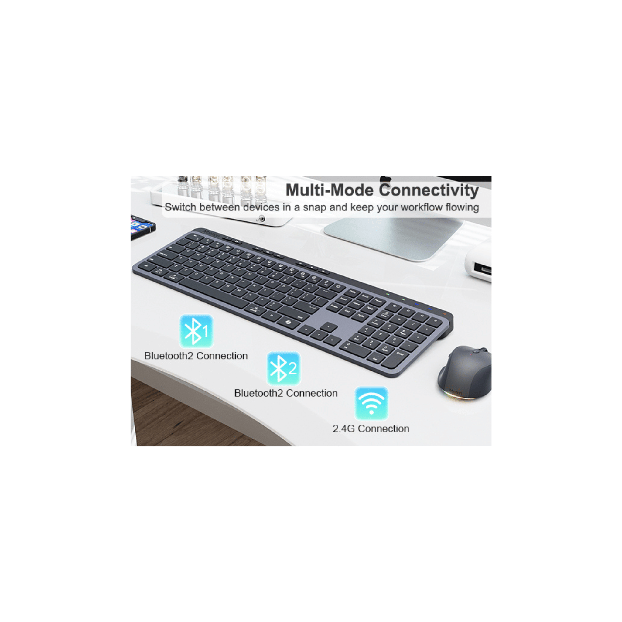 MEETION WK330 Dual-Mode Wireless Keyboard, 2.4G USB & Bluetooth, Ultra-Slim Full-Size Silent Keyboard, Type-C Rechargeable, for Windows Mac iOS Android