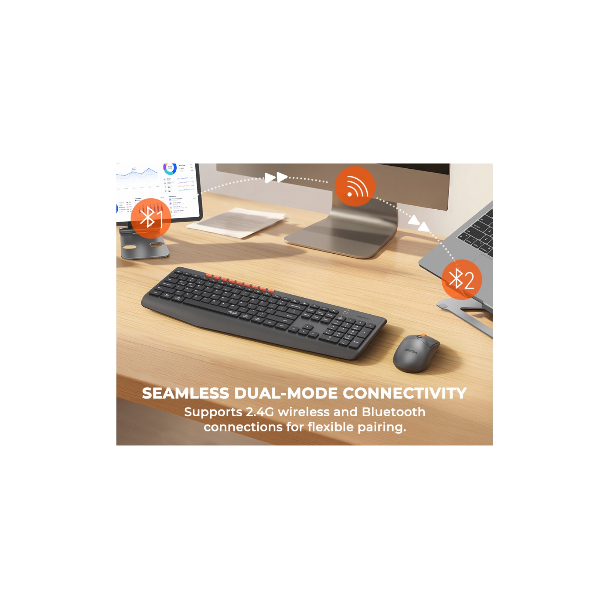 MEETION BTC4133 Wireless Keyboard and Mouse, Silent Full Size Multi-Device Bluetooth Keyboard and Mouse, 9 Multimedia Hotkeys, 3200 DPI Optical Mouse, 90% Less Noise, for Windows Mac PC Desktop Laptop, Black