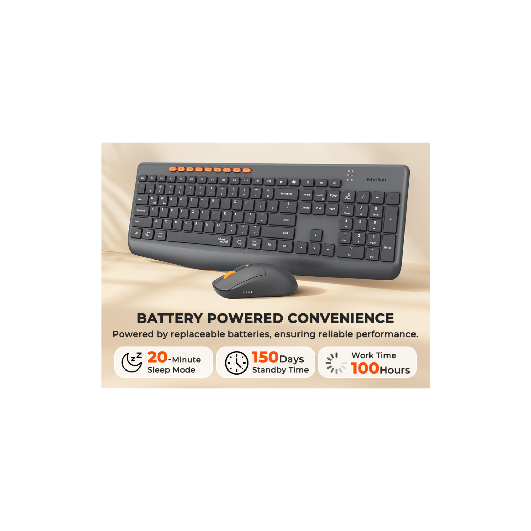 MEETION BTC4133 Wireless Keyboard and Mouse, Silent Full Size Multi-Device Bluetooth Keyboard and Mouse, 9 Multimedia Hotkeys, 3200 DPI Optical Mouse, 90% Less Noise, for Windows Mac PC Desktop Laptop, Black