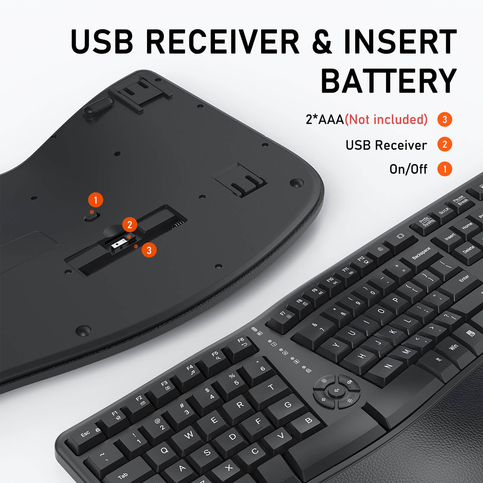 MEETION DirectorC Ergonomische kabellose Tastatur und Maus, Ergo-Tastatur mit vertikaler Maus, Split-Arch-Tastatur mit gepolsterter Handballenauflage, natürliches Tippen, wiederaufladbar, volle Größe, Windows/Mac/Computer/Laptop